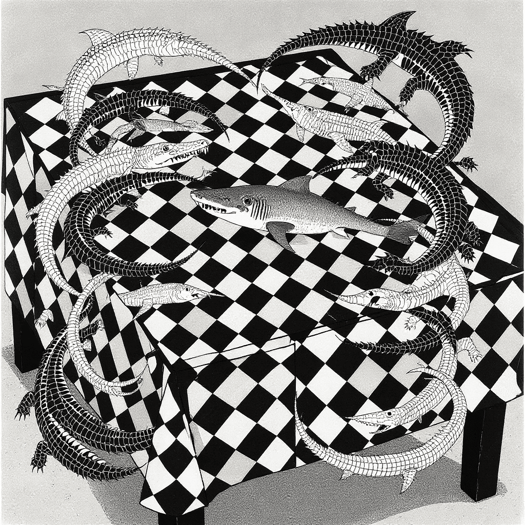 AI generated: in the style of M. C. Escher a checkerboard tablecloth on a square table has two colors-black and wh...