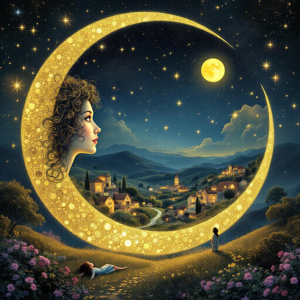 AI generated: a whimsical moon with curly hair casting a gentle glow over a picturesque countryside, its golden cr...