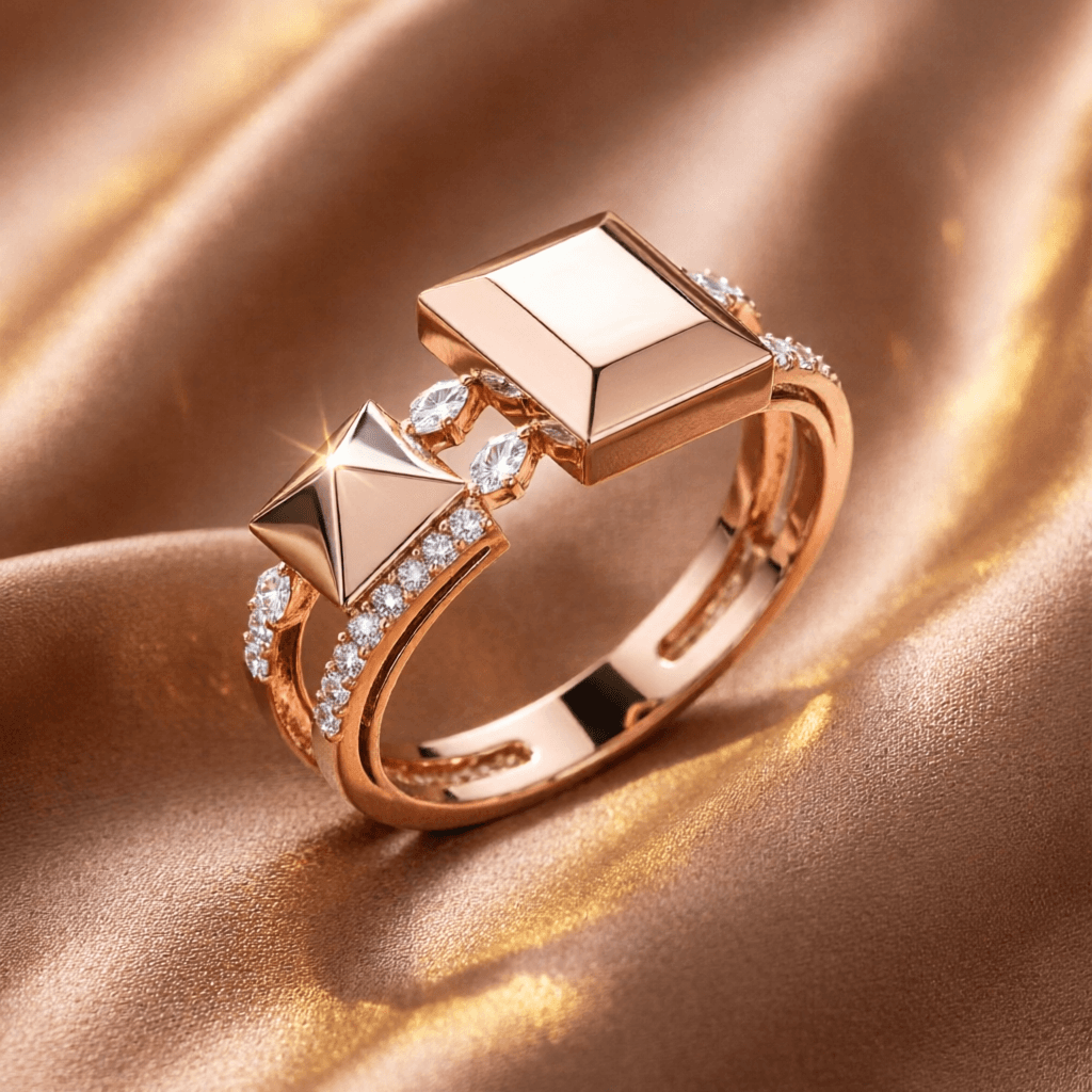 AI generated: Modern luxury open ring in 18K rose gold with a futuristic geometric silhouette and asymmetrical ope...