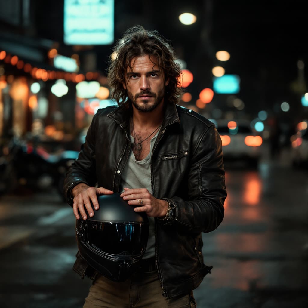 AI generated: photo of a middle-aged colombian long hair, 27 years old man, full body, wearing worn-out:1.2 leathe...