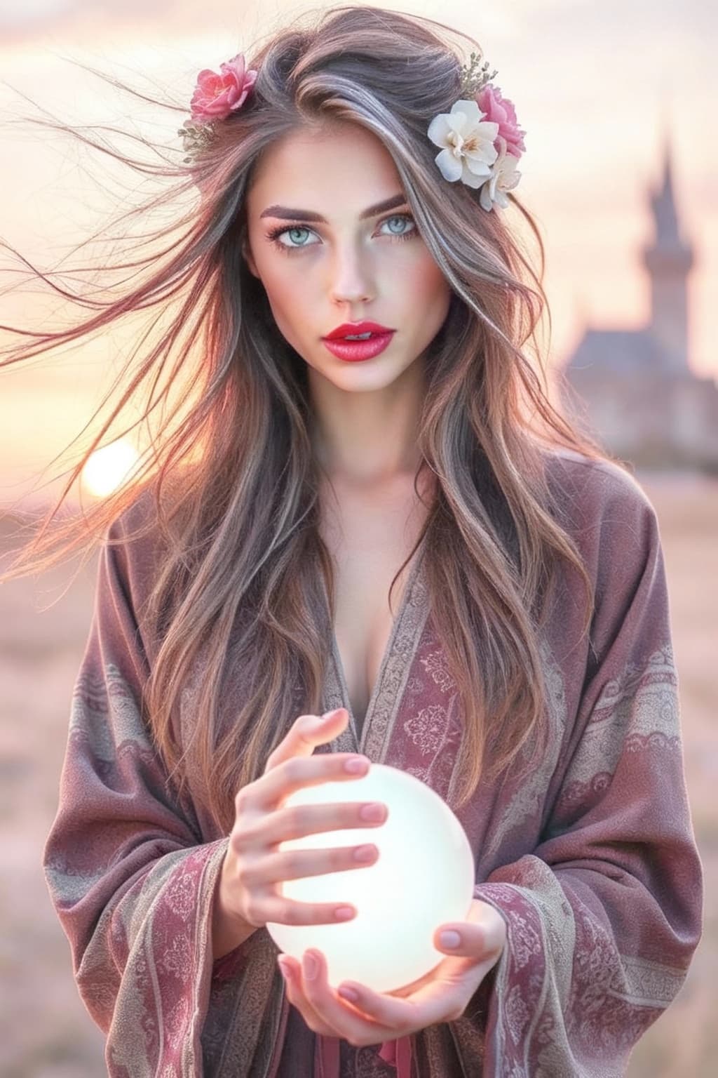 AI generated: "Fine art photography, cinematic golden hour light, soft pastel colours. Supermodel, early 20s, lith...