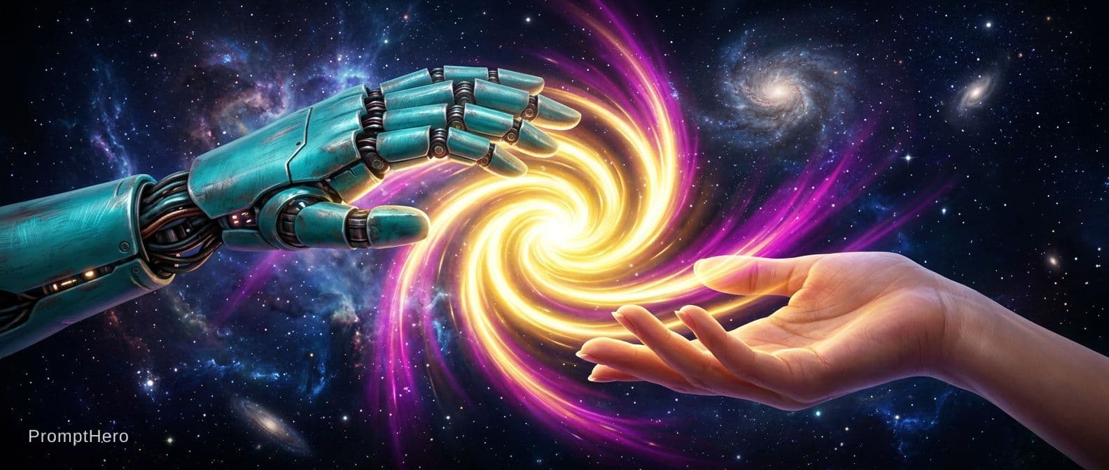 AI generated: 2 Hands. Hand 1: Robot hand, colour turquois metal, relaxed open, relaxed wrist, palm downward. Hand...