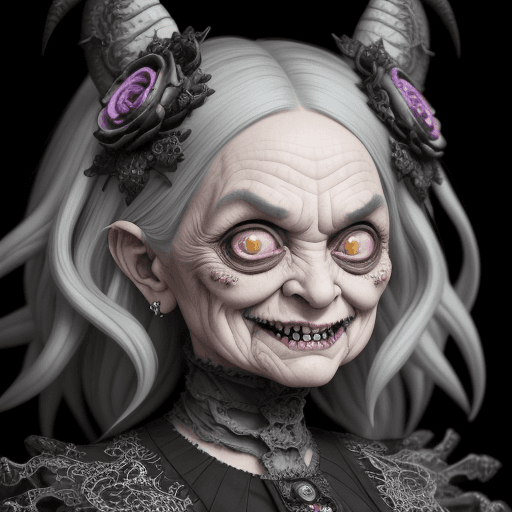 AI generated:  Very old madness grandma with evil smile, mad sky hallucination by Mundford, baroque maximalist, ch...
