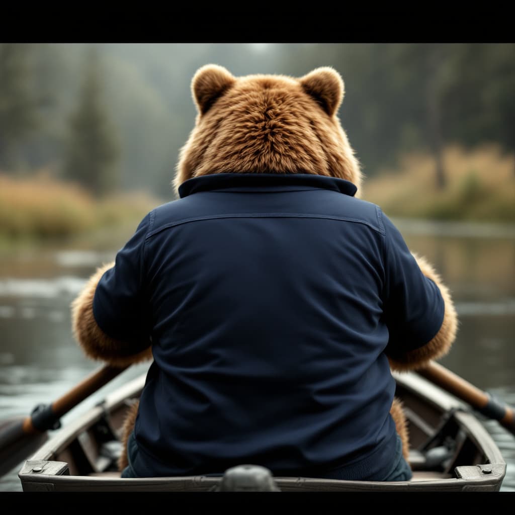 AI generated: Photo of a big CGI grizzly bear named Bobo wearing a solid, silky Navy blue shirt and rowing a rowbo...