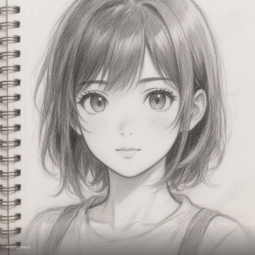 AI generated: anime-style pencil sketch, clean lineart, soft shading, detailed eyes, delicate facial features, fin...