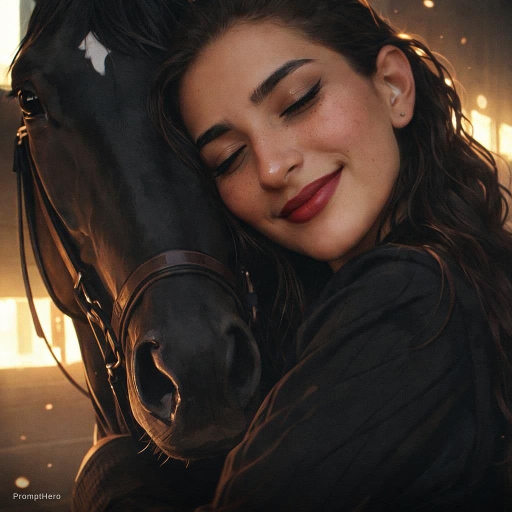 AI generated: A beautiful cute indian girl hugging a horse face, Replace the girl eyes and face features in the fi...