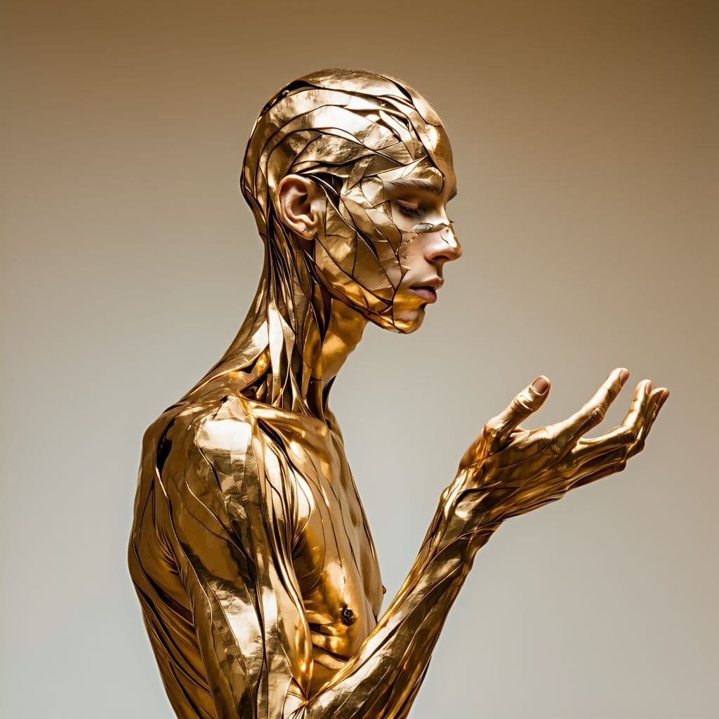 AI generated: An androgynous being, full body portrait covered completely in gold from head to toe, all features a...