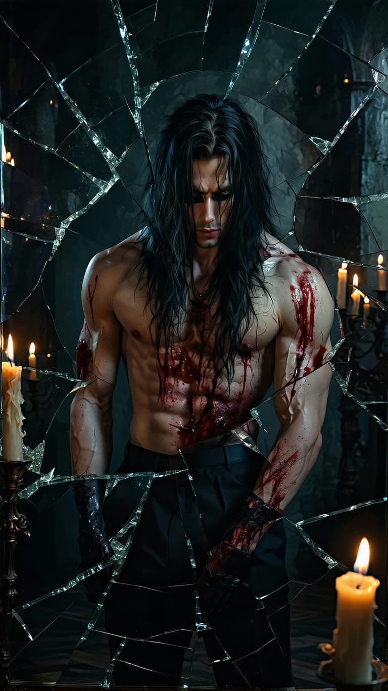 AI generated: A solitary male muscular goth figure with long black wavy hair in a dark, candlelit dimmed room, sur...