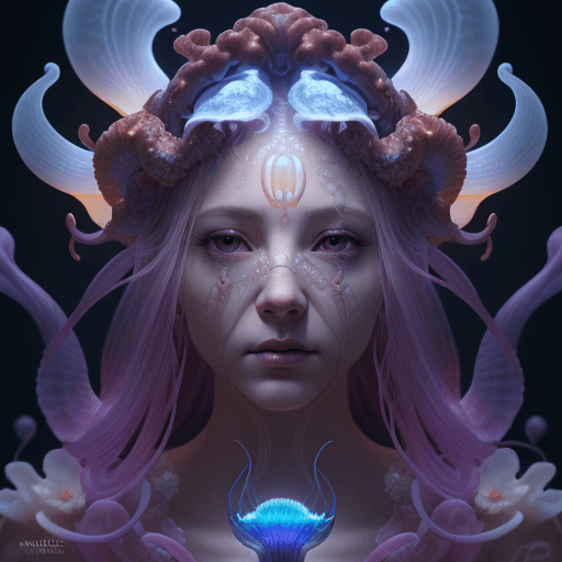 AI generated: Goddess close-up portrait ribcagel. jellyfish phoenix head, nautilus, orchid, skull, betta fish, bio...