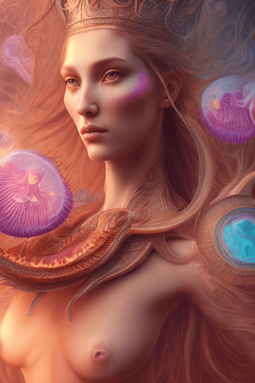 AI generated: Goddess close-up portrait ribcagel. jellyfish phoenix head, nautilus, orchid, skull, betta fish, bio...