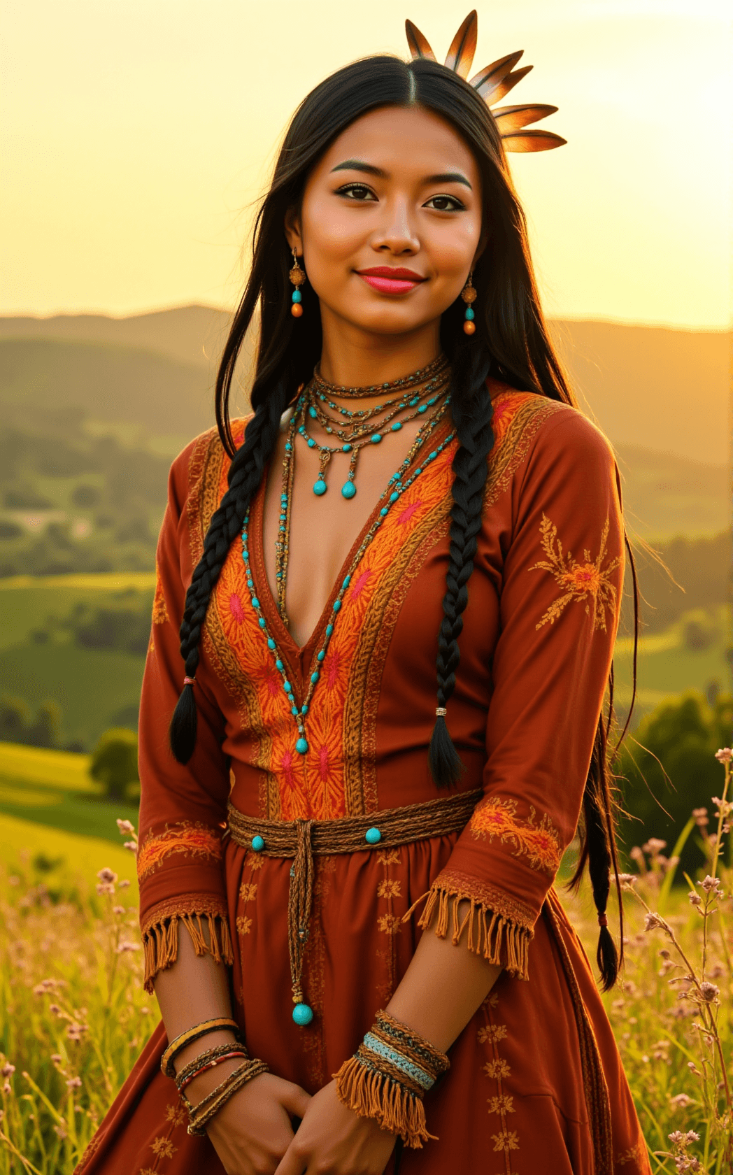 AI generated: portrait of a stunning Native American girl, radiating strength and grace. Her striking features inc...