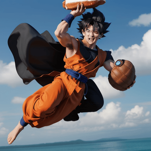 AI generated: Goku black holding baguete , floating in France