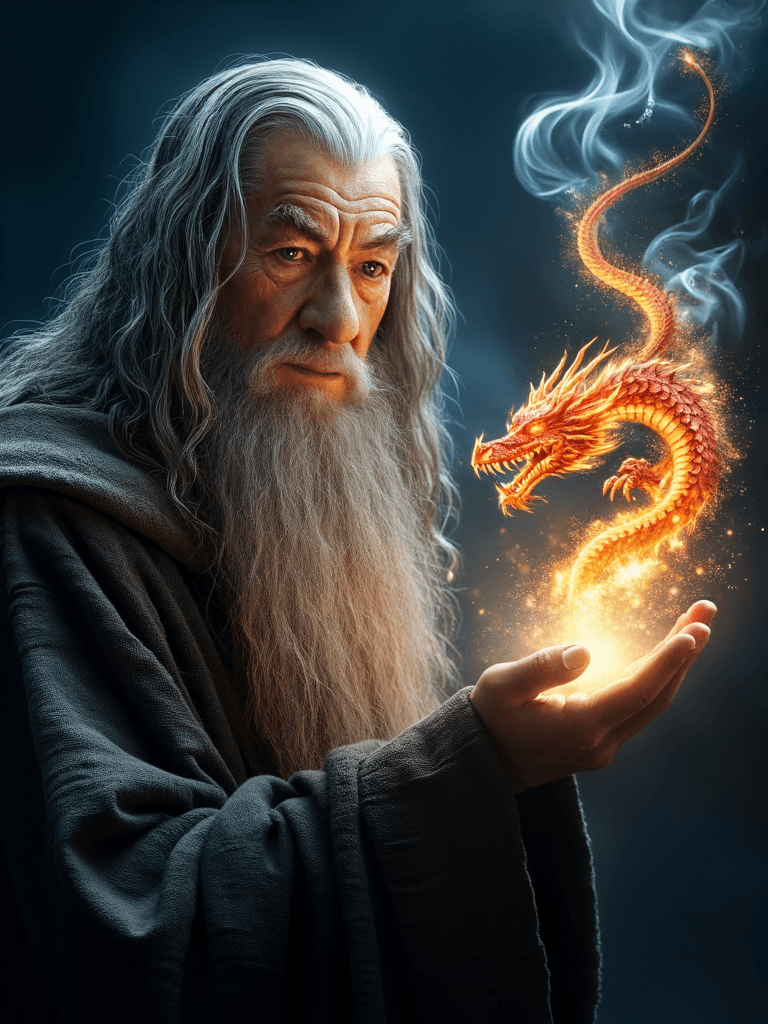 AI generated: A close-up, cinematic painting of Gandalf the Grey, captured from the chest up with a focused, intim...