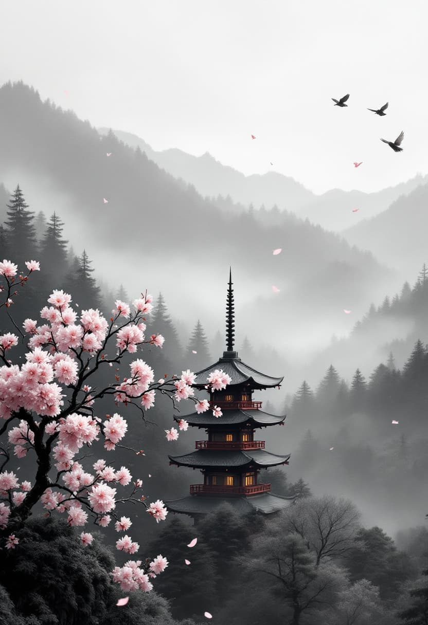 AI generated: raditional Japanese pagoda, placed off-center to the right, mid-range view with open space above for...