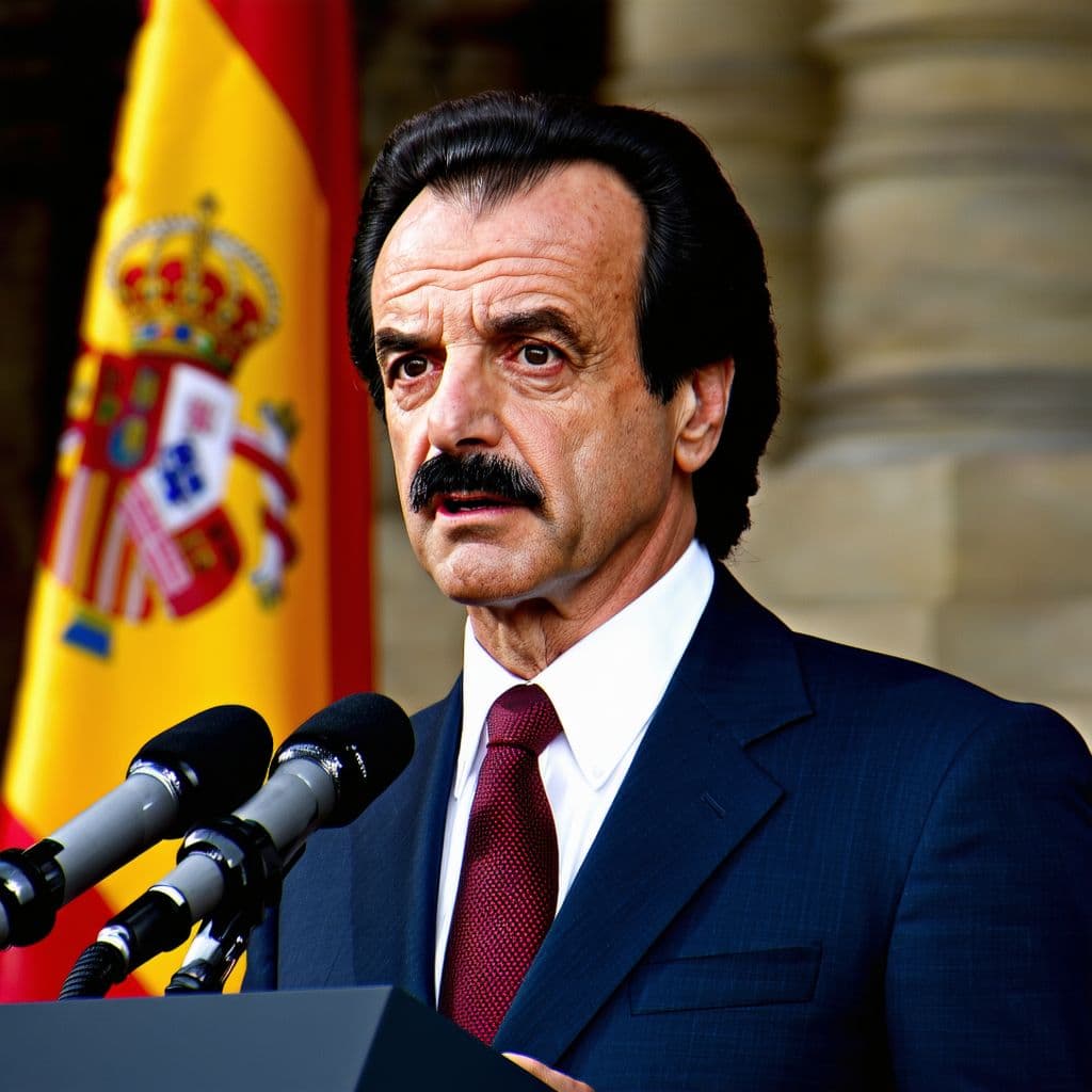 AI generated: RAW de Jose Maria Aznar con su bigote estilo años 90, A hyper-realistic portrait of a Spanish states...