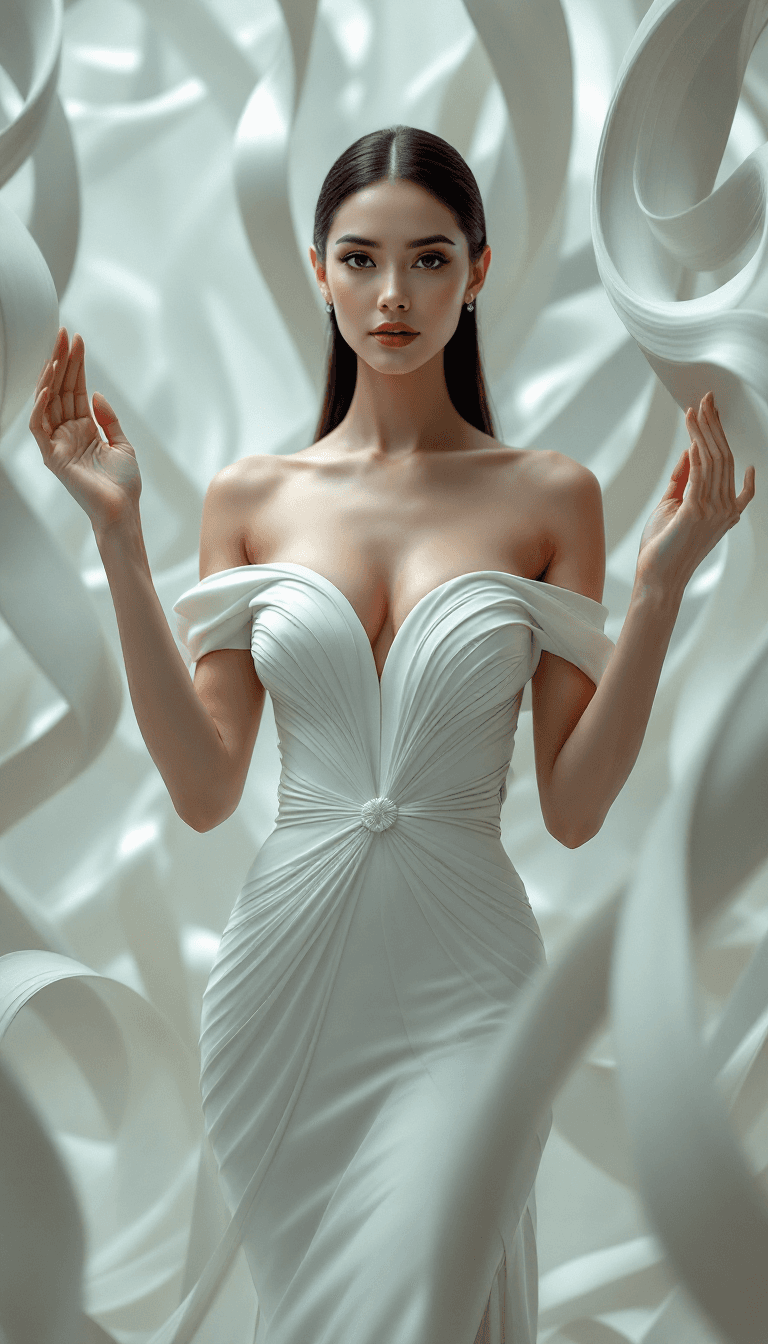 AI generated: The image features a woman standing confidently with both hands lightly touching the swirling, ribbo...