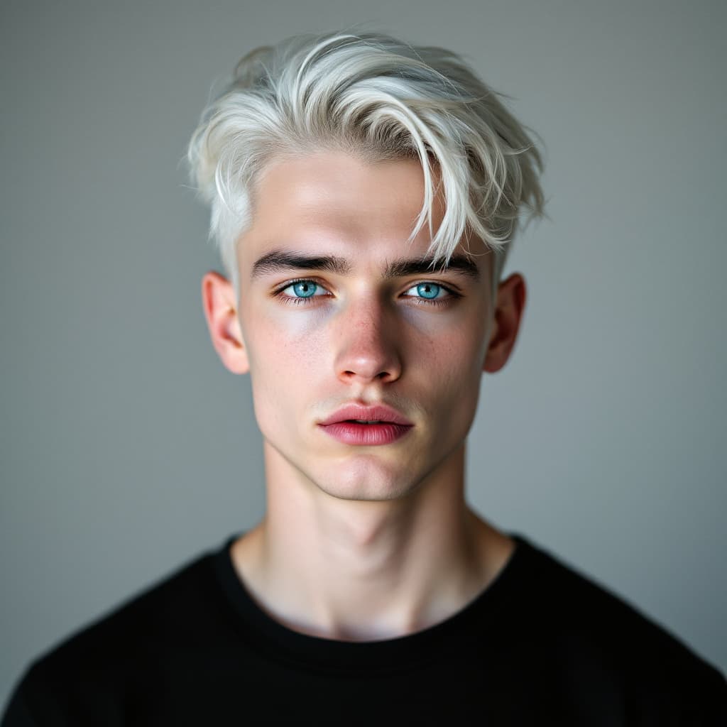 AI generated: High-res studio portrait of a 21-year-old white American man, pale skin, platinum dyed hair, piercin...
