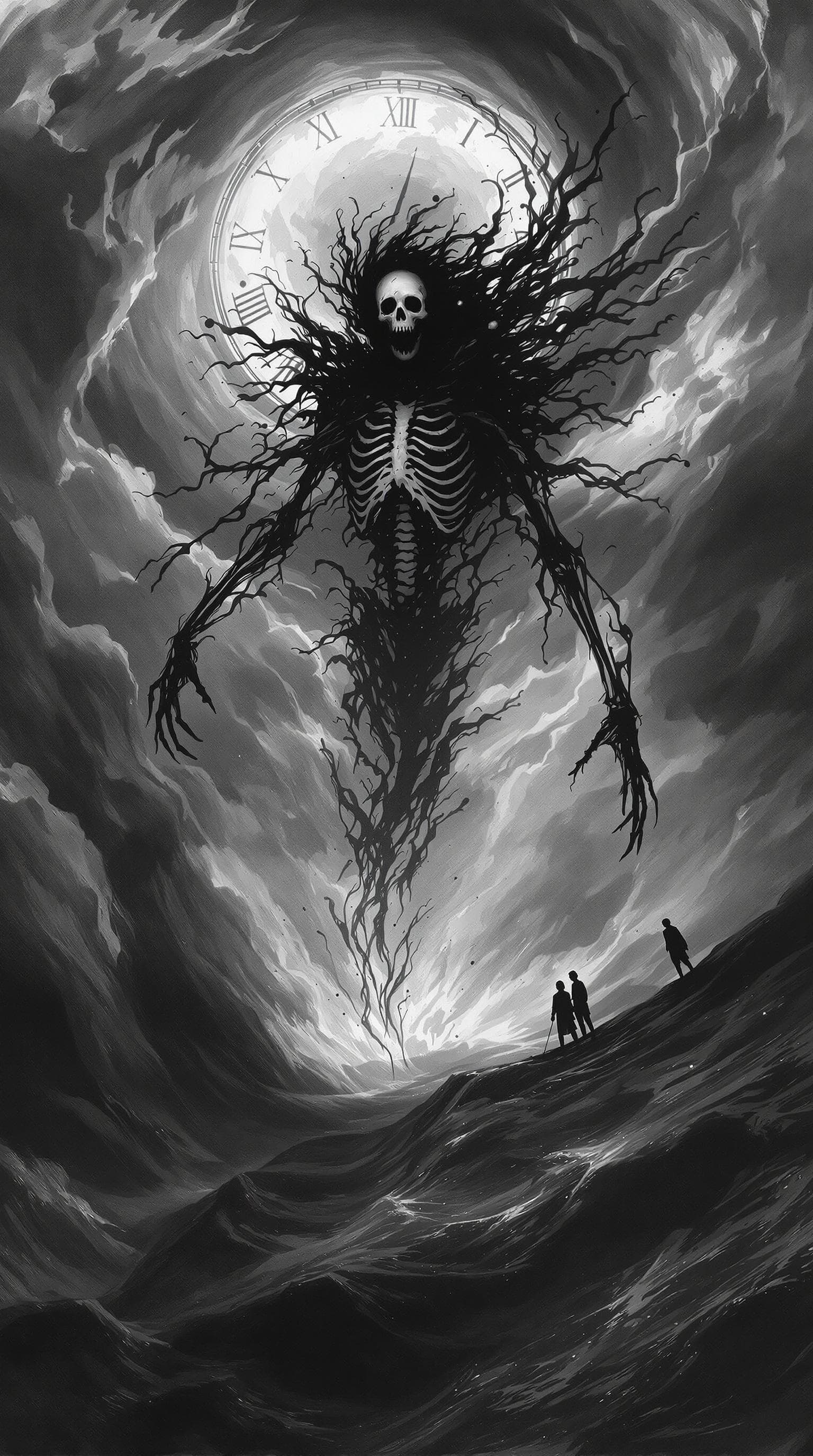 AI generated: The image depicts a hauntingly surreal scene in shades of black and white, filled with emotional int...
