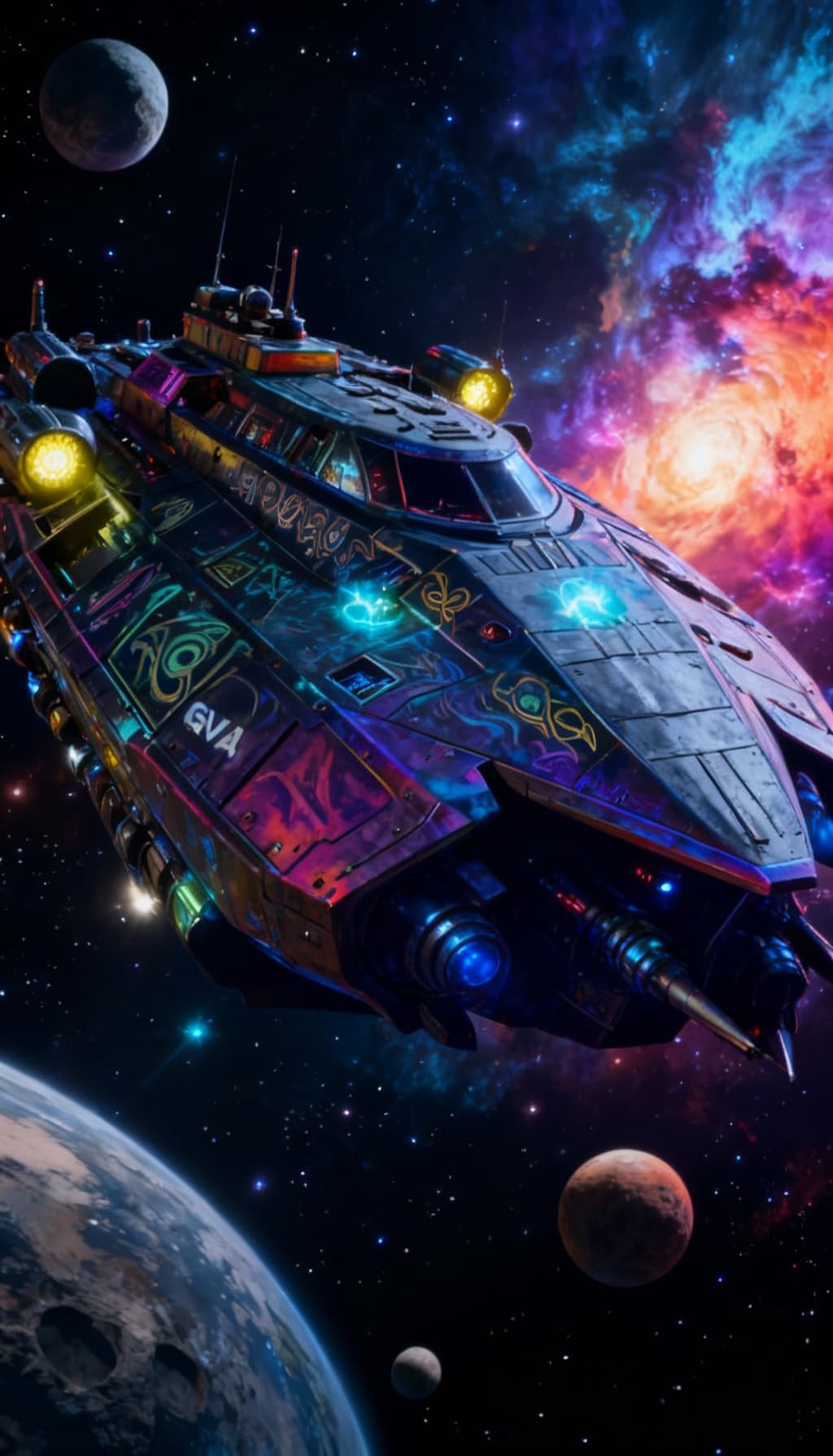 AI generated: Reimagine, in detail, the alien spaceship to show a new design. Reposition and add or change paint c...