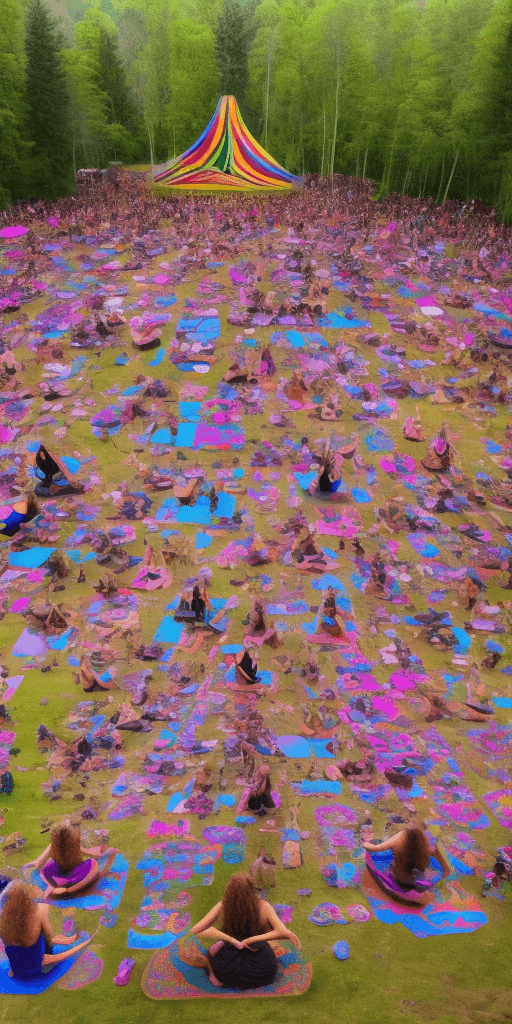 AI generated: Hippie psychedelic festival near lake. Yoga shamanism dansing music