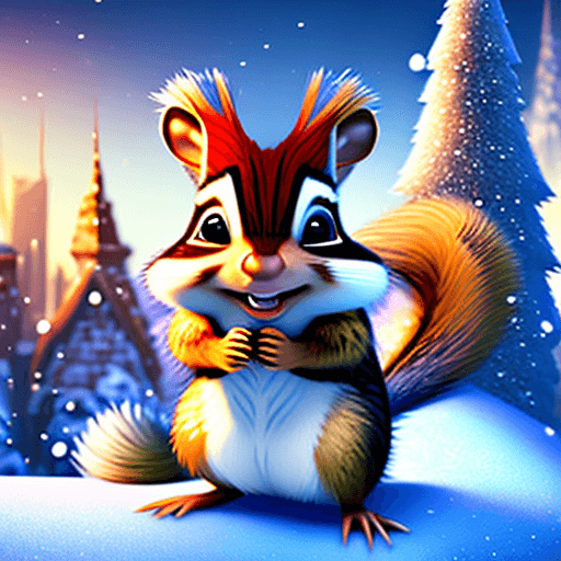AI generated: (VERY-HAIRY CHRISTMAS-Chipmunk open posed amidst a frozen city in a pixar-style universe) "ultra-det...