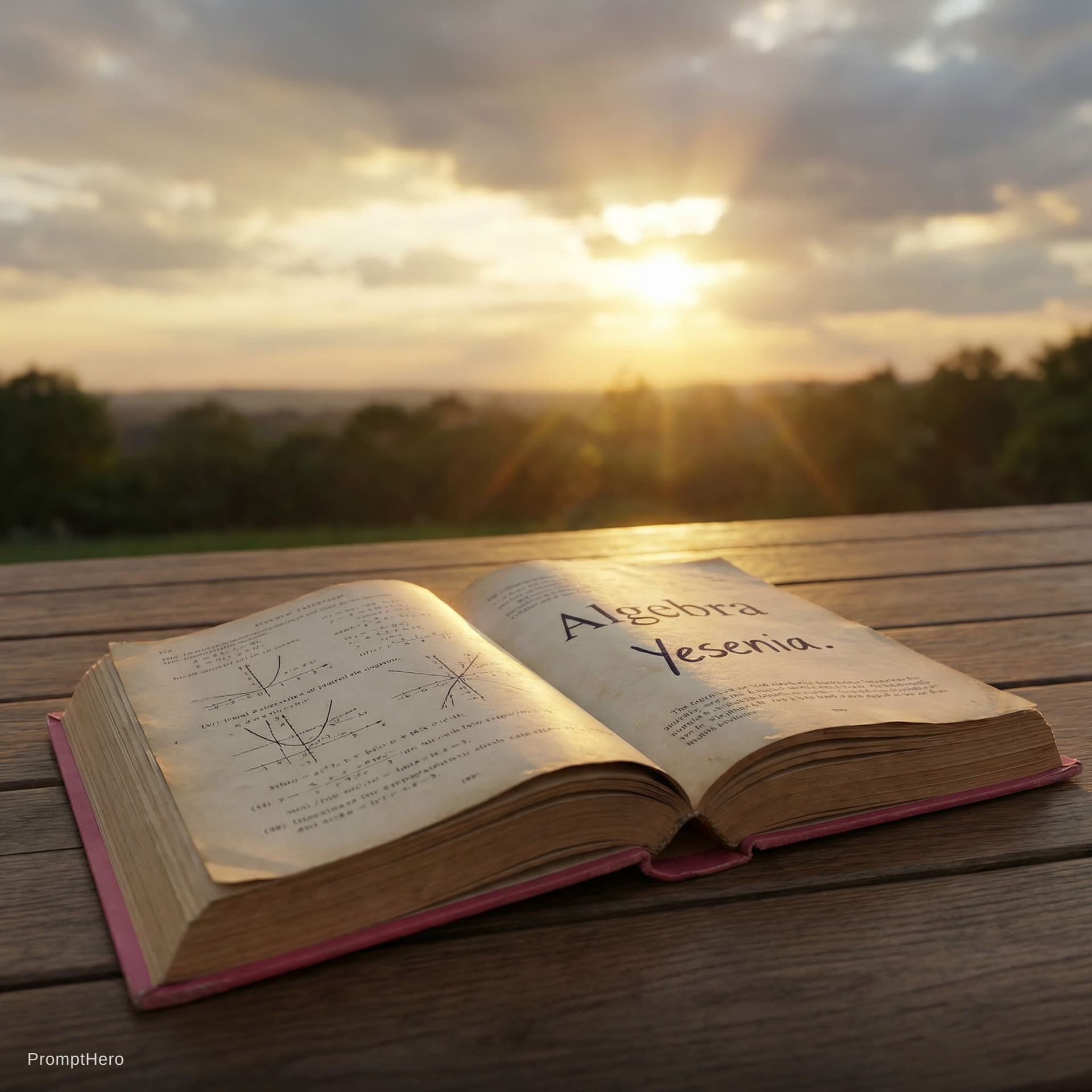 AI generated: draw There's only one book open, and it's an algebraic book. Light shines in from the sky, and the n...