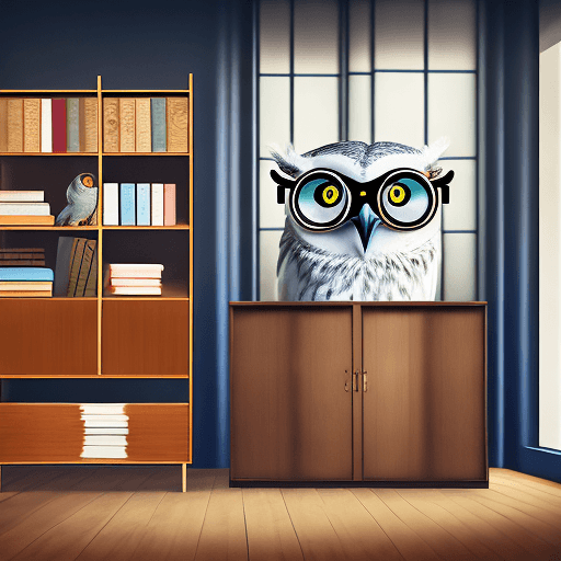 AI generated: Hyper realistic photo of a mid century modern style owl with googles in front of a cupboard with lot...