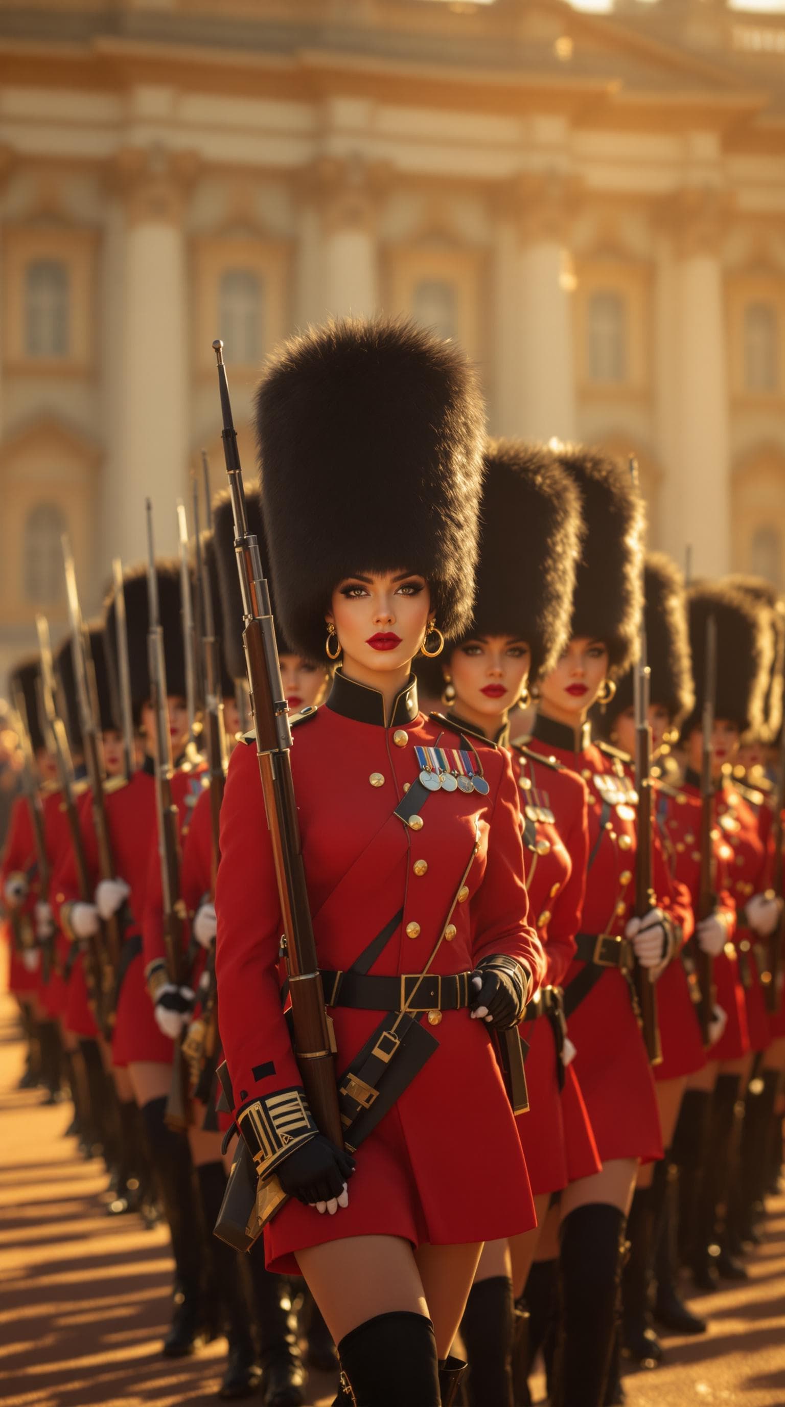 AI generated: A regiment of beautiful super curvy British female soldiers in the iconic short red and black unifor...