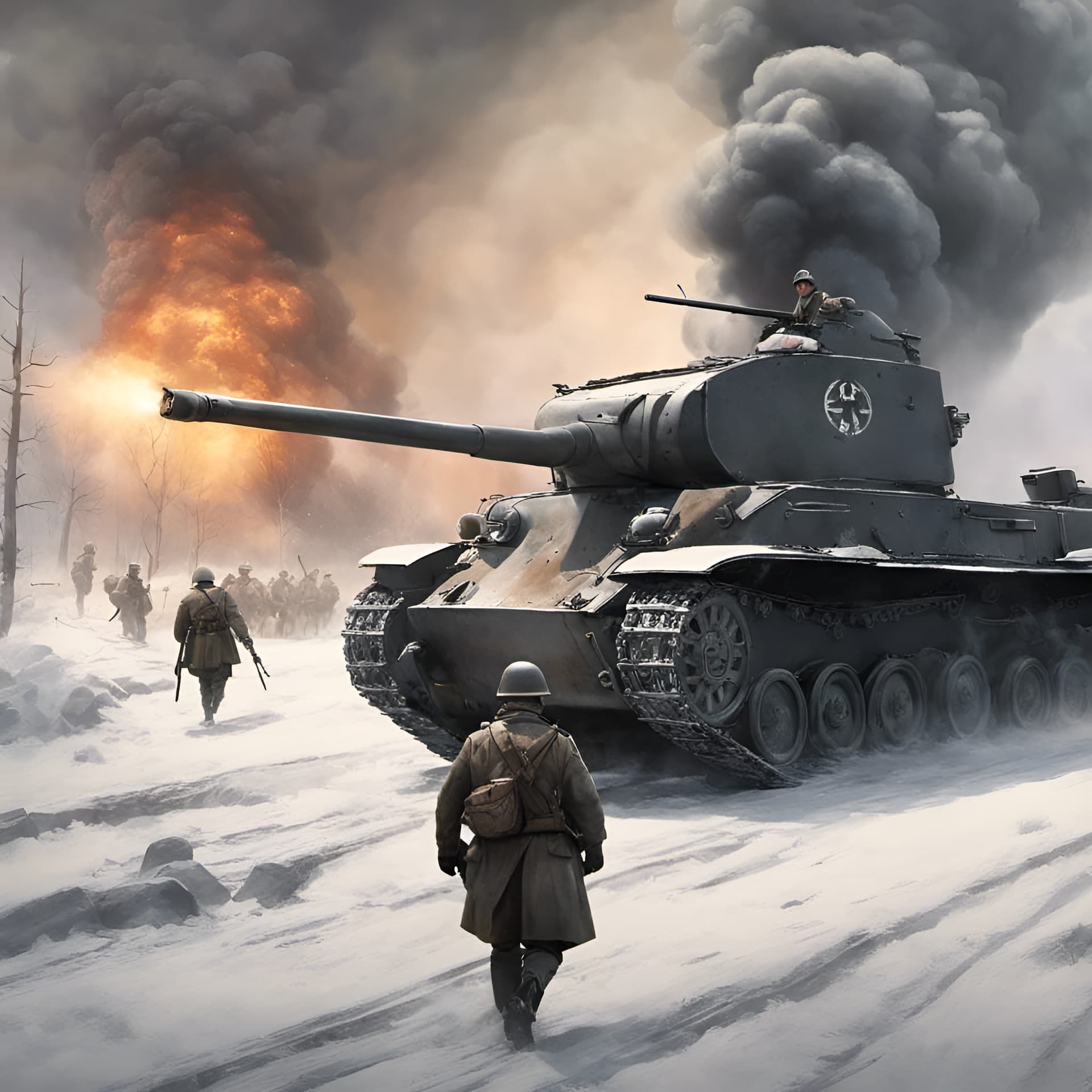 AI generated: World War 2 cinematic scenes in winter, German soldiers, German tanks firing, fire and grey smoke, b...