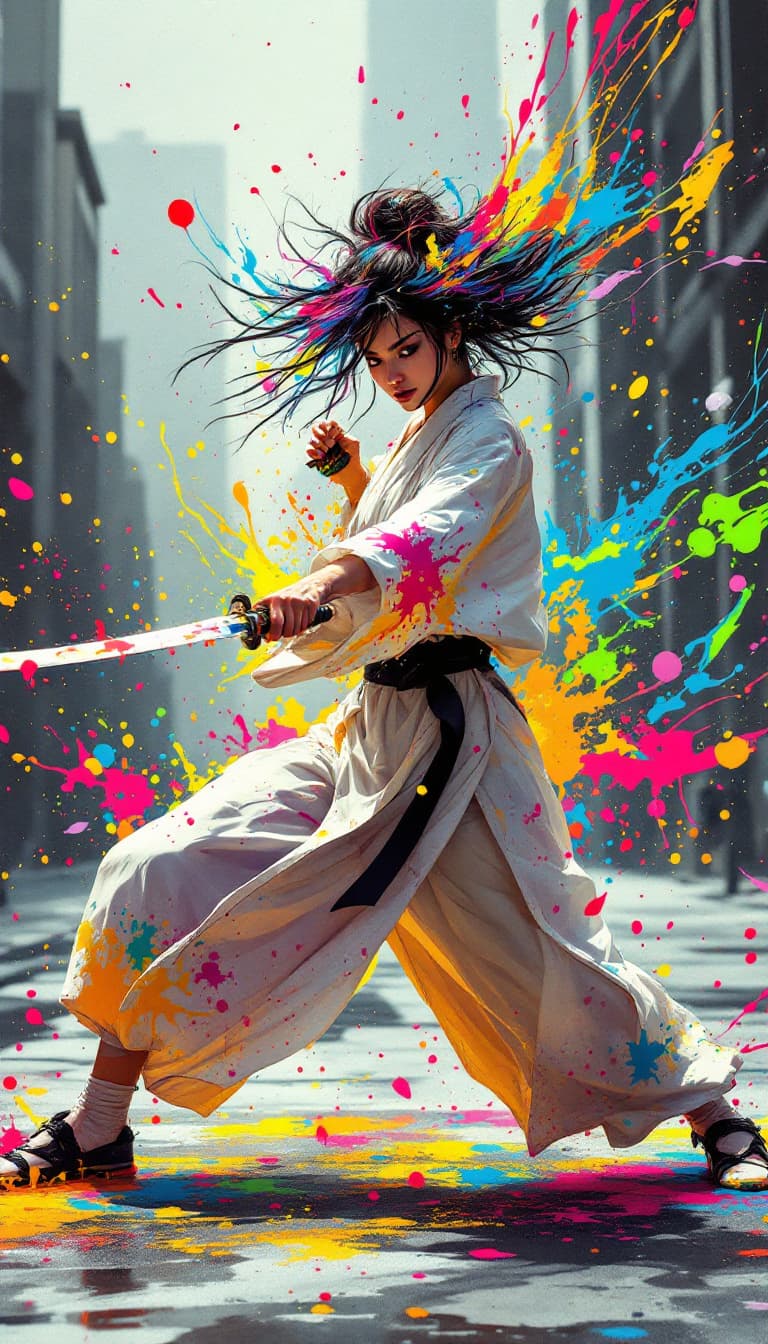AI generated: 3. A dynamic, full-body action shot of a woman wielding a paint-splattered katana, her movements lea...