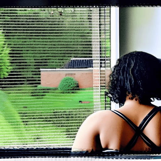 AI generated: A woman with long, wavy hair in a high ponytail, wearing a black lace bra and shorts, stands with he...