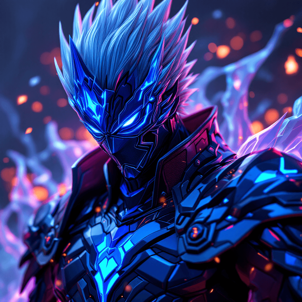 AI generated: Ultra-detailed image of tobirama senju from Naruto Shippuden, with royal blue metal armor, neon ligh...