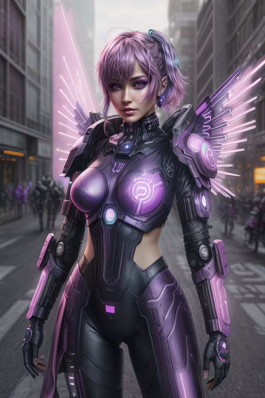 AI generated: the model with glowing purple wings and a cyborg face, in the style of cybermysticpunk, cypherpunk, ...