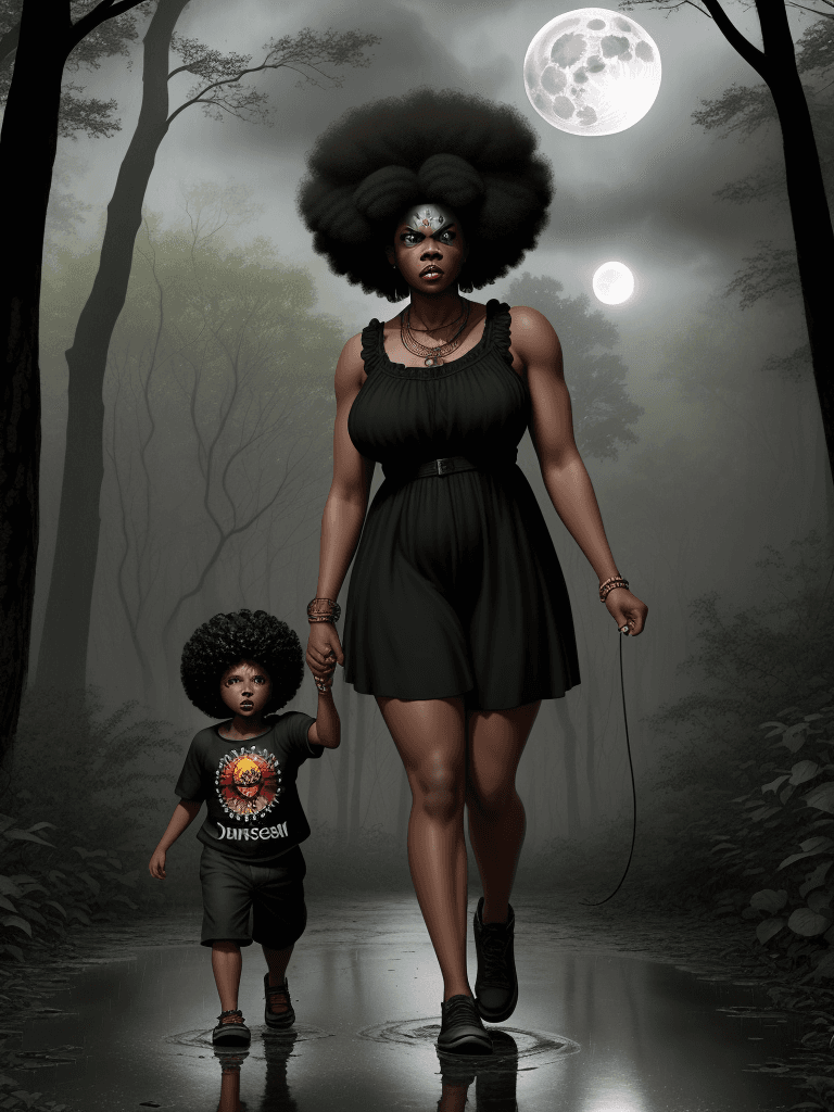 AI generated: black woman and son, walking in the forest ,curly  afros, woman in sundress, child in shorts, americ...