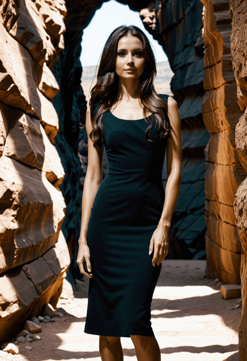 AI generated: silhouette style woman in a form fitting luxurious dress stands at the entrance of a cave, well groo...