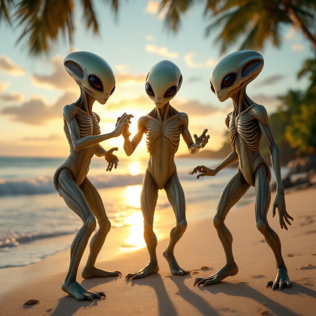 AI generated: “Video of three extremely realistic and highly detailed aliens dancing the Macarena on a beach in Co...