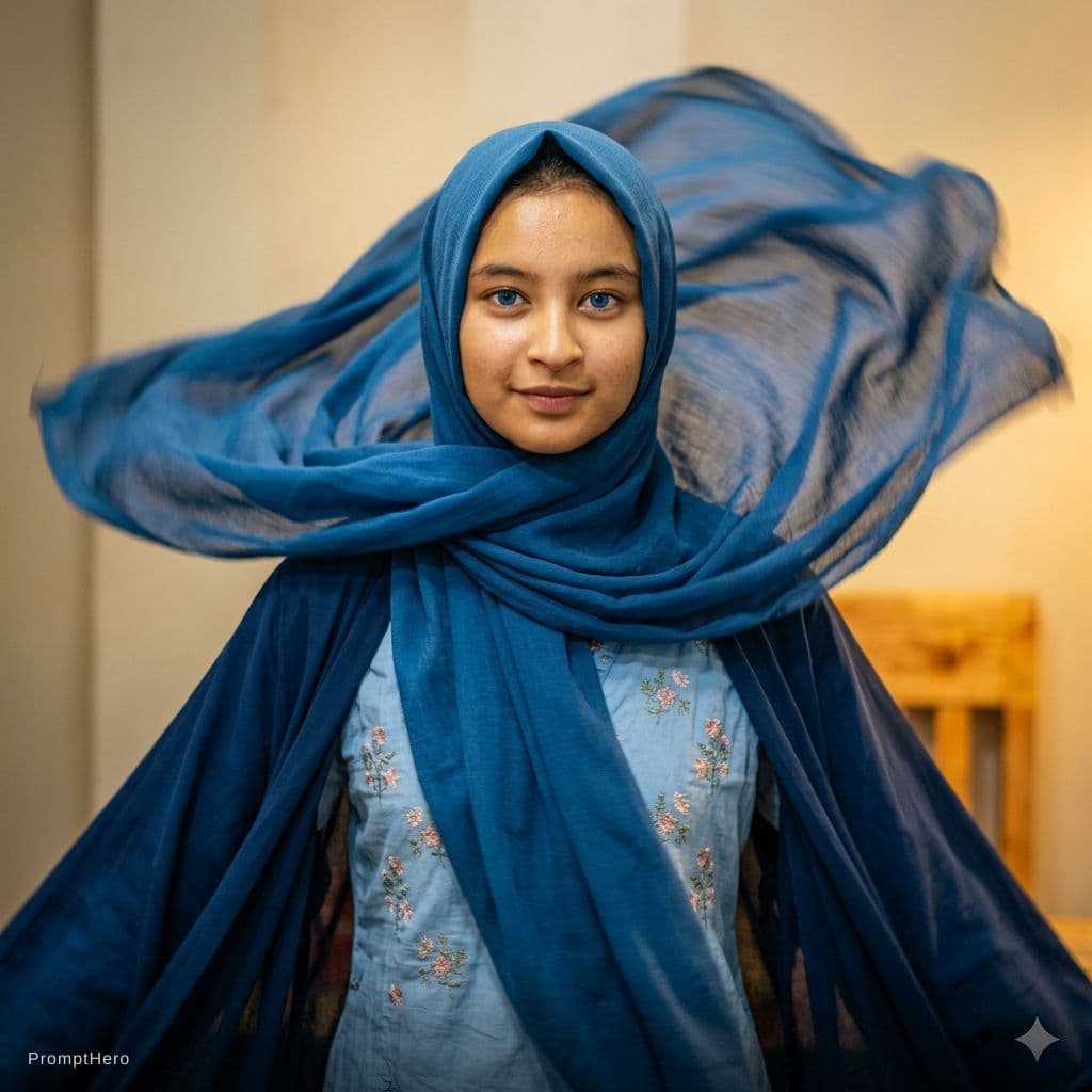 AI generated: best quality, masterpiece, (realistic:1.2), luminate, beautiful muslim, hijab, twirling hijab, robe,...