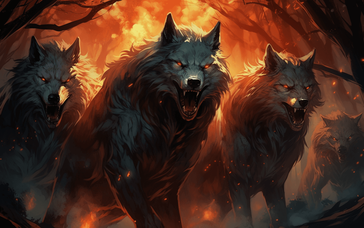 AI generated: game of wolf wallpaper in the forest, wolves, fire, forest, wolf, in the style of speedpainting, bol...