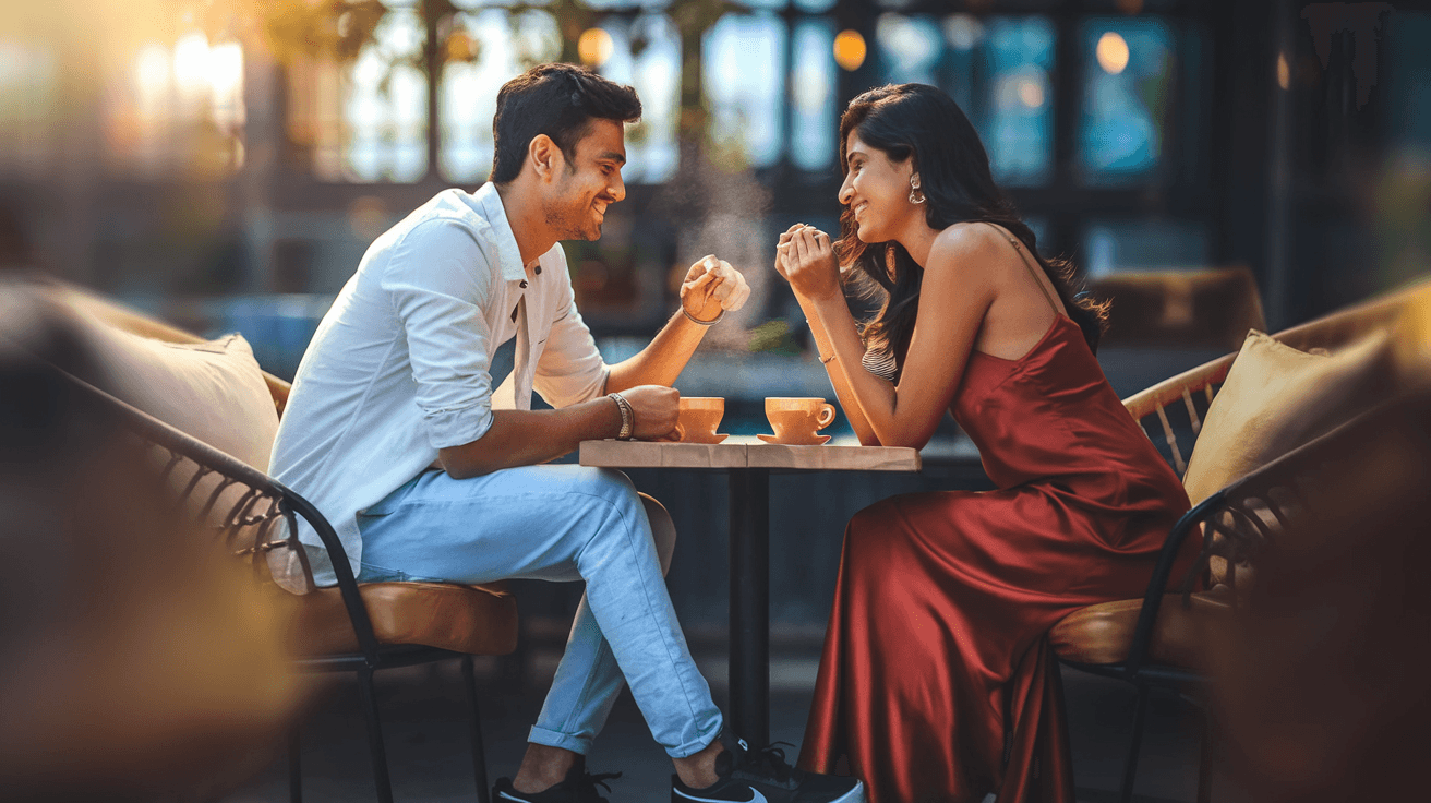 AI generated: (Cinematic UHD, hyper-realistic young Indian couple sitting opposite to each other at a cozy café ta...