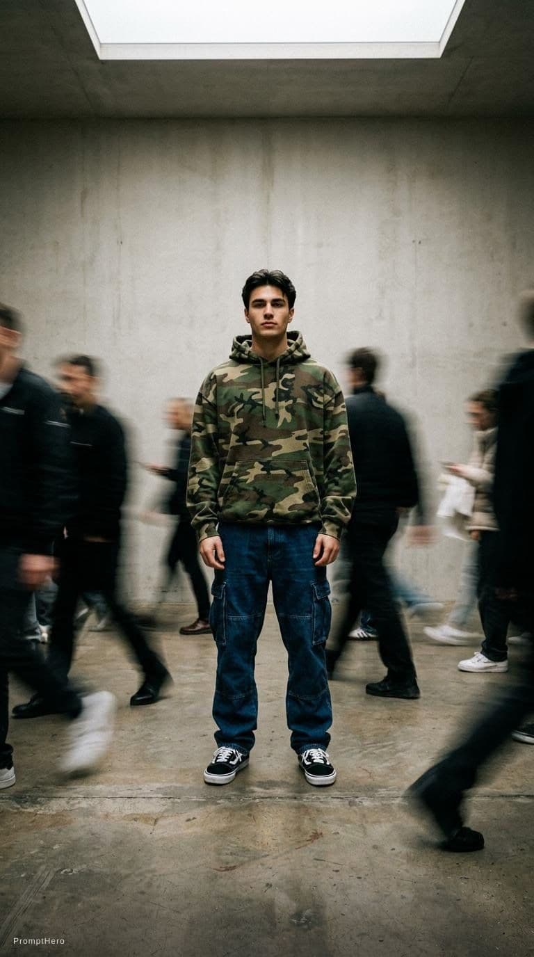 AI generated: photography, snap shot, male model, front pose, full-body, surrounded by a blurred motion, wearing c...