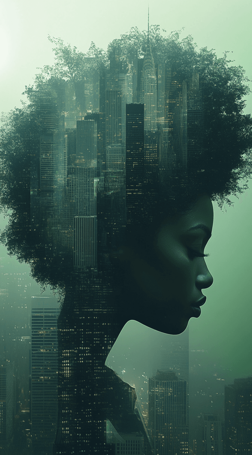 AI generated: A Black woman with an afro made of trees and leaves, floating in the sky and looking down at futuris...