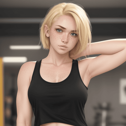 AI generated: blonde hair , black tank top, lifting shirt up,  shorts, standing in public, (highly detailed clothe...