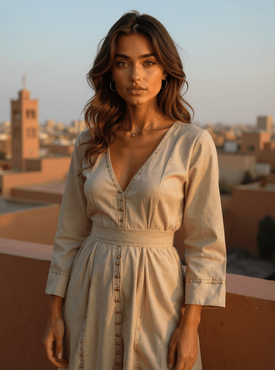 AI generated: Same model, dressed in a modernized beige and gold Moroccan caftan with minimal embroidery, no head ...