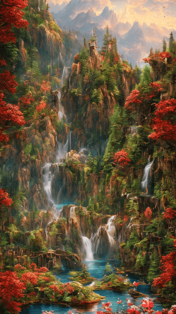 AI generated: summer landscape, red color, Bokeh, waterfall, lake, insanely detailed and intricate, hypermaximalis...