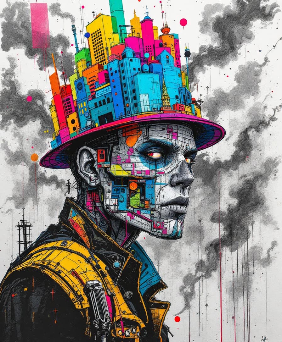 AI generated: drawing with a multi-colored hat, in the style of gloomy metropolises, pop culture mash-up, intricat...