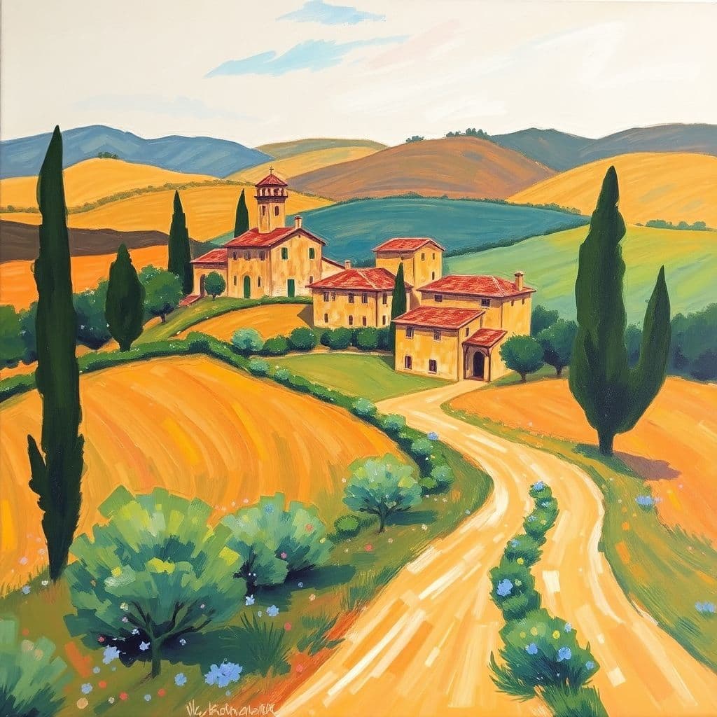 AI generated: impressionist painting on canvas of Tuscany, beautiful landscape with Tuscan farmhouse, in the style...