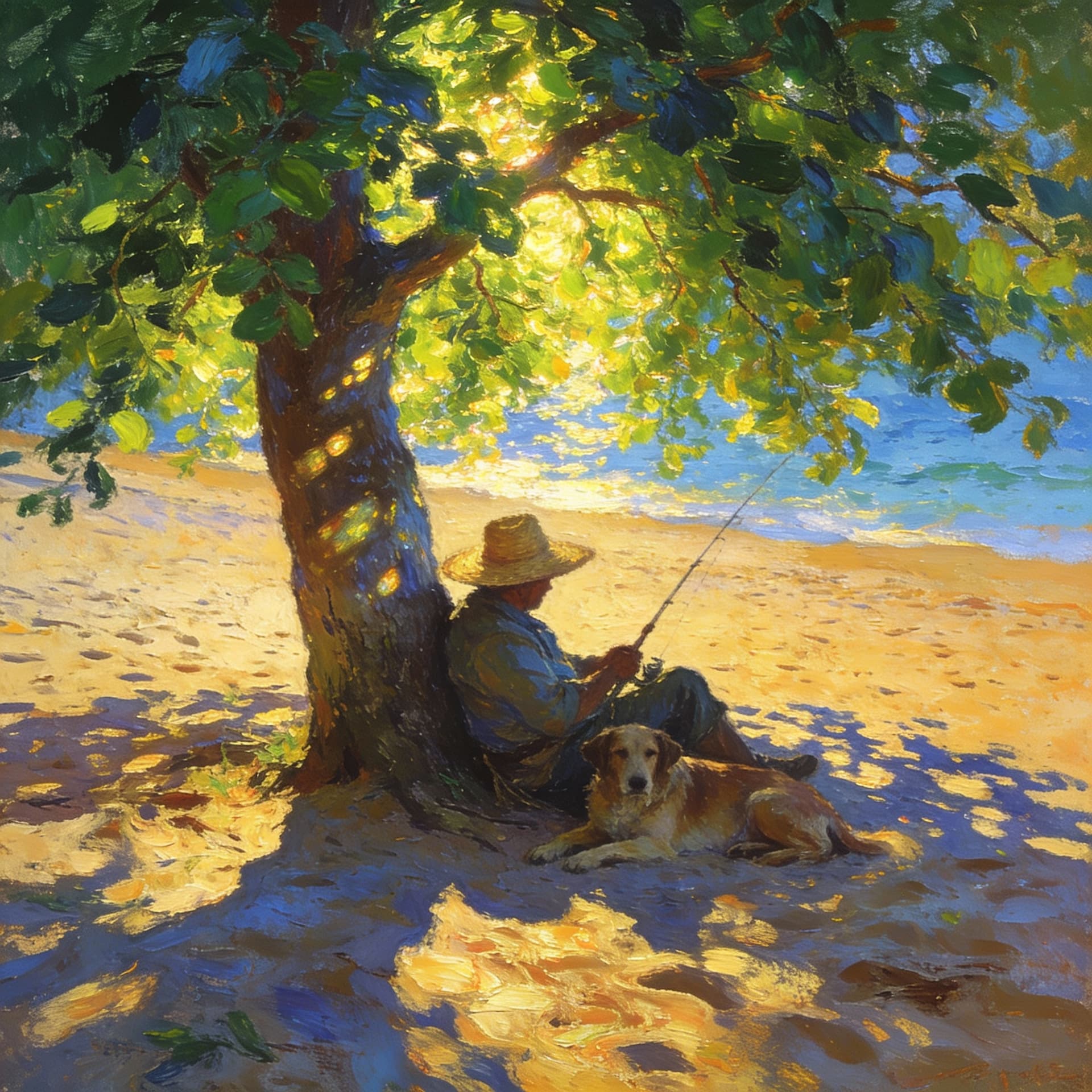 AI generated: A high-resolution photograph. On the sand of a beach, there was a tree with green leaves and sunligh...