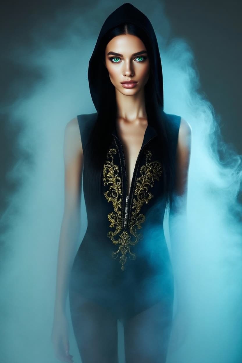 AI generated: "Epic, modern, future-themed, high resolution full-body portrait photograph depicting a slender supe...