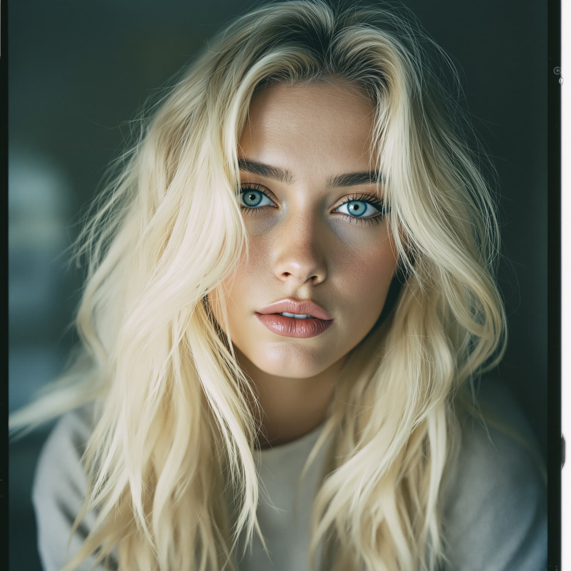 AI generated: white blonde girl, 18-21 years old, blonde hair, high-quality photo portrait, shot on a polaroid cam...