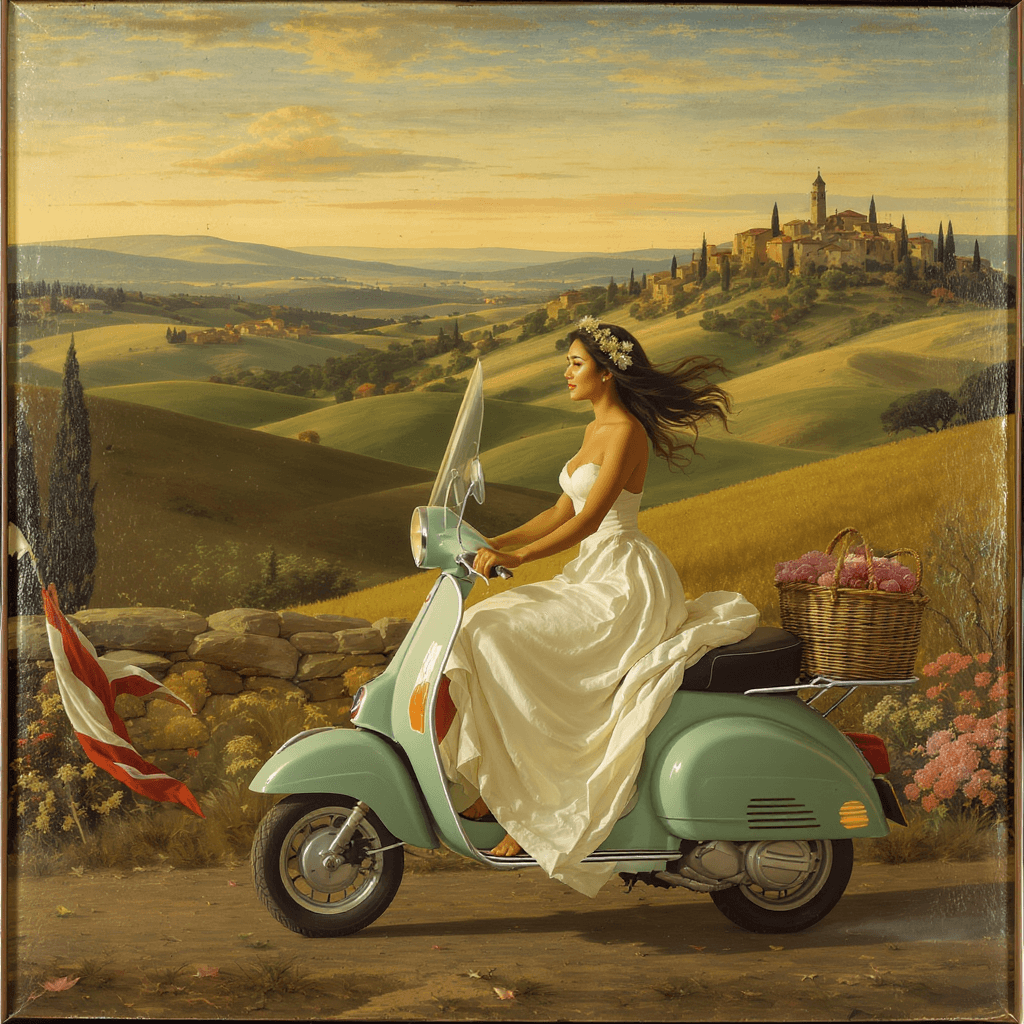 AI generated: renaissance style art work of a beautiful modern day filipino woman riding on a vespa through the hi...